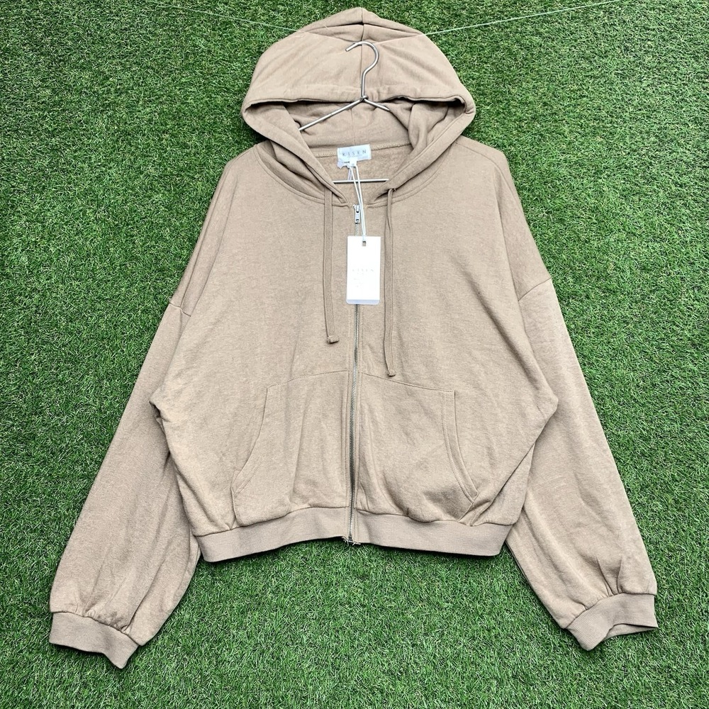 RISEN LA Sweatshirt Womens 1X XL Drop Shoulder Long Sleeve Tan Zip Up Baggy NWT